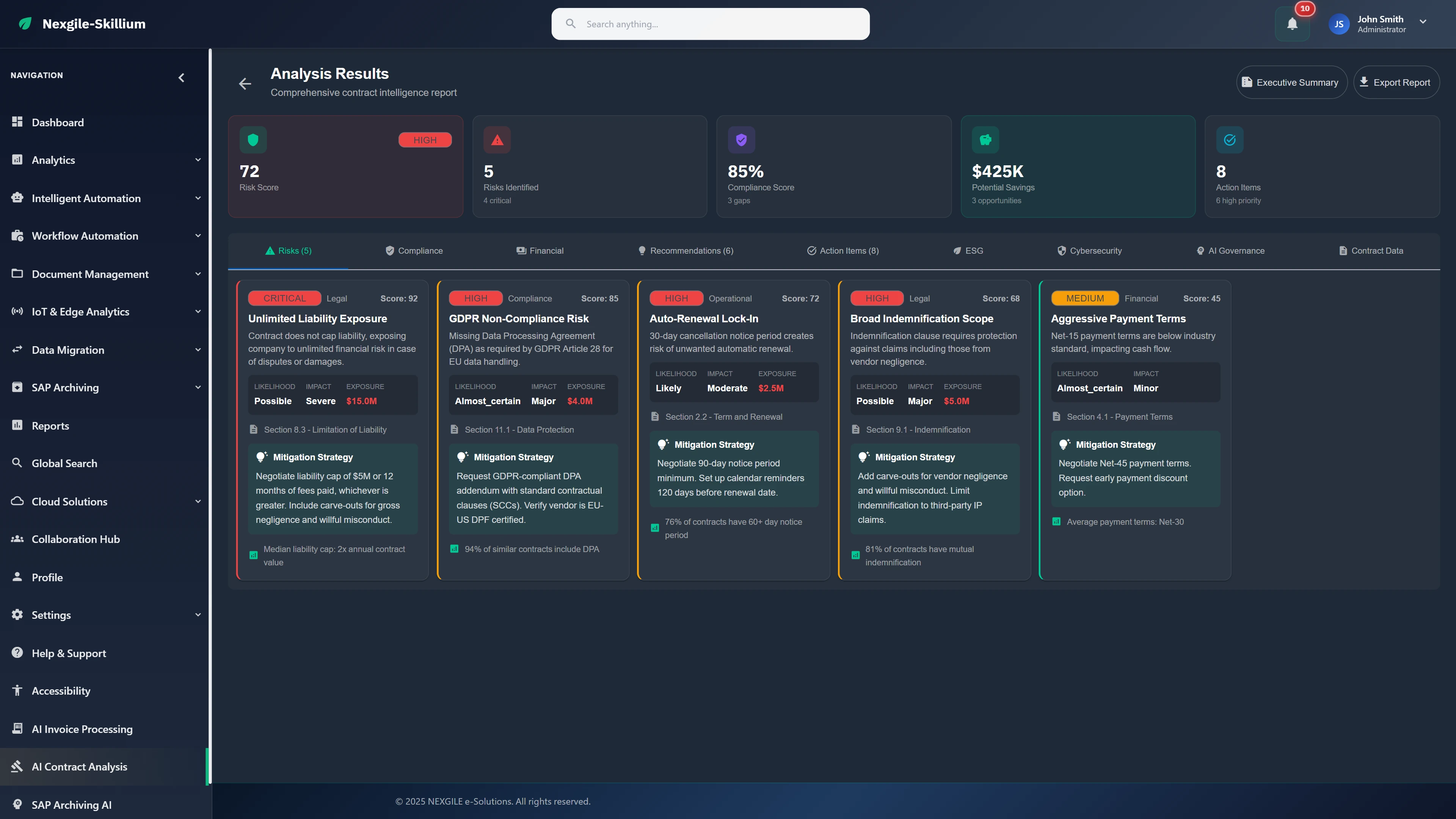 Risk Analysis Results - Comprehensive risk dashboard with severity scores, compliance gaps, potential savings, and mitigation strategies